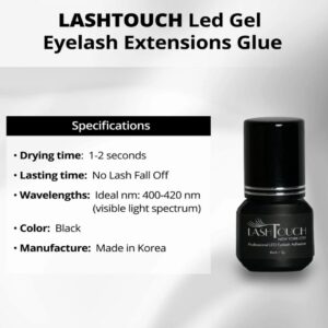 LASHTOUCH LED gel lash glue bottle with specifications, professional LED-curing lash adhesive made in Korea