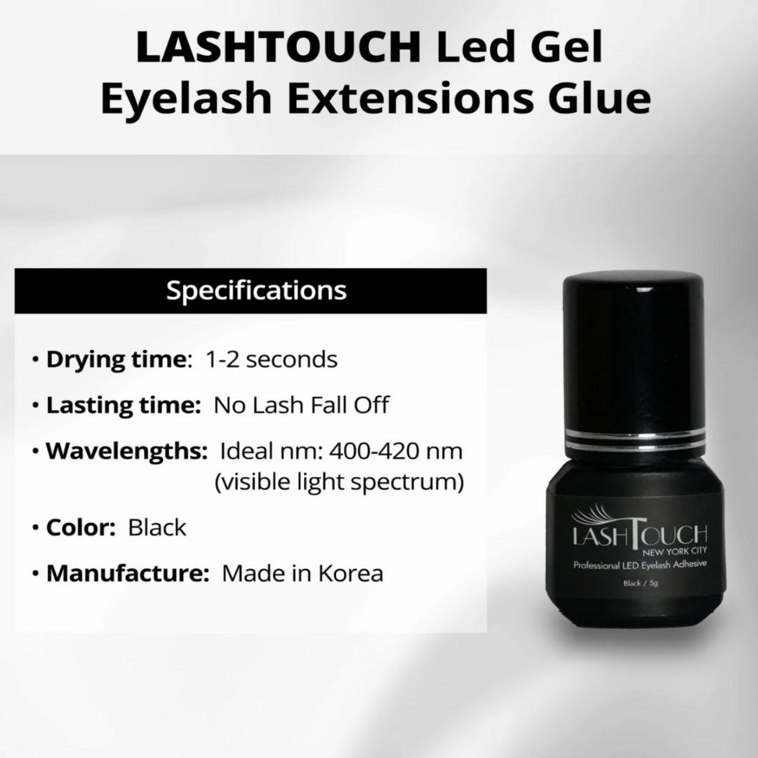 LASHTOUCH LED gel lash glue bottle with specifications, professional LED-curing lash adhesive made in Korea