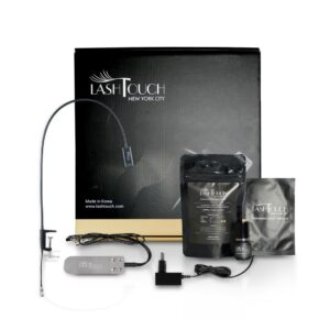 LASHTOUCH LED Gel Lash Extension kit including LED lamp, gel adhesive, and professional eye patches