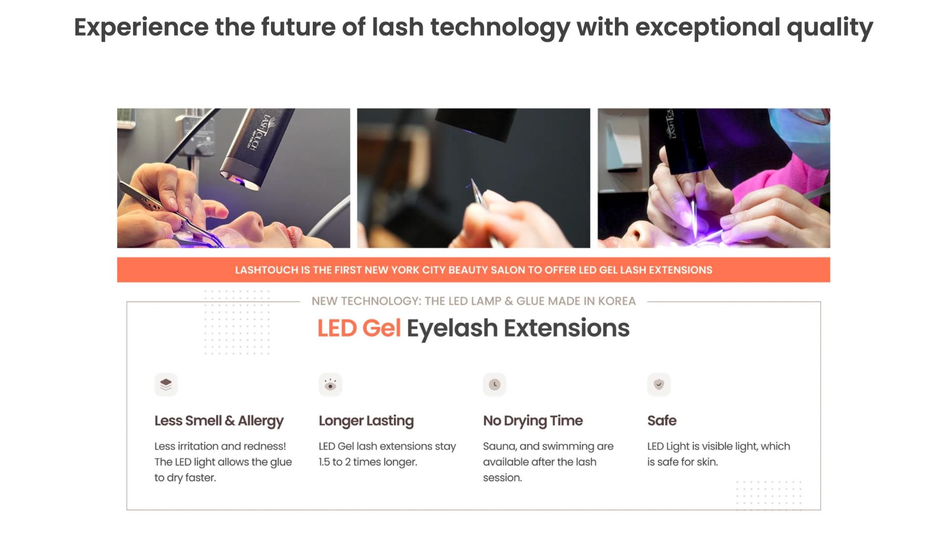 LED Gel Lash Extensions at LASHTOUCH NYC — advanced curing technology for longer-lasting, fume-free lash application