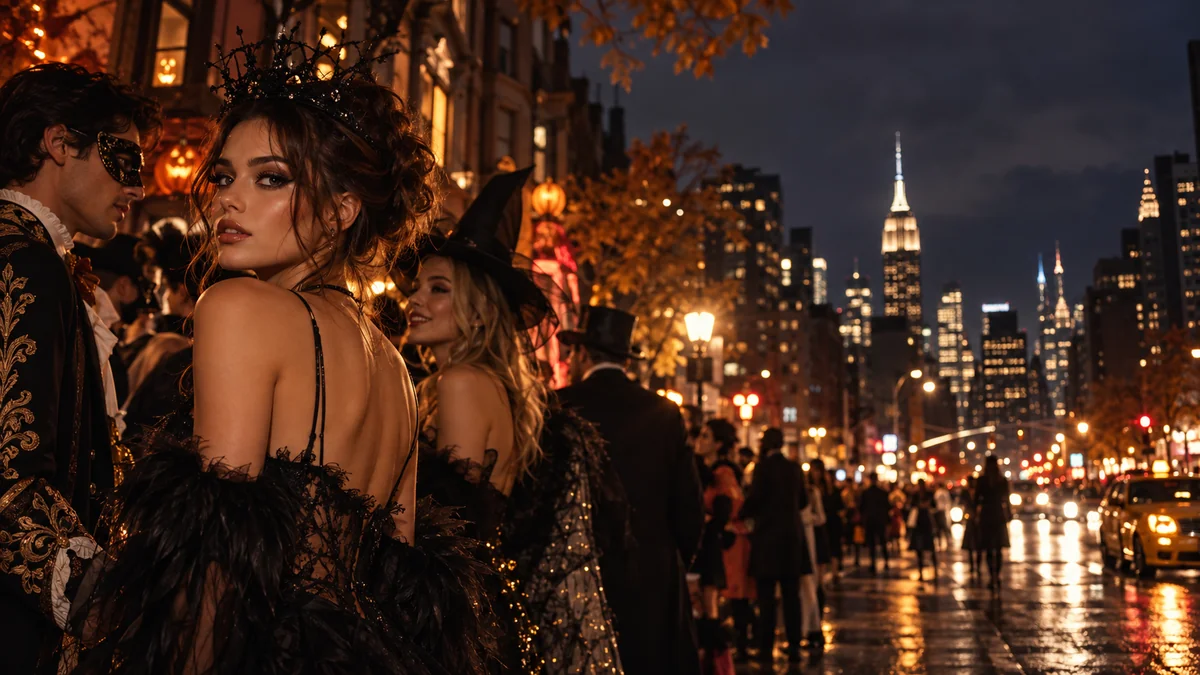 Autumn evening in New York City with festive Halloween party atmosphere